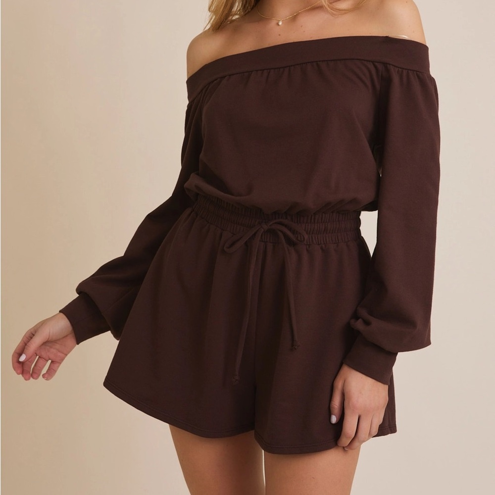 Gilli Off-Shoulder High Waist Shorts Romper in Dark Brown